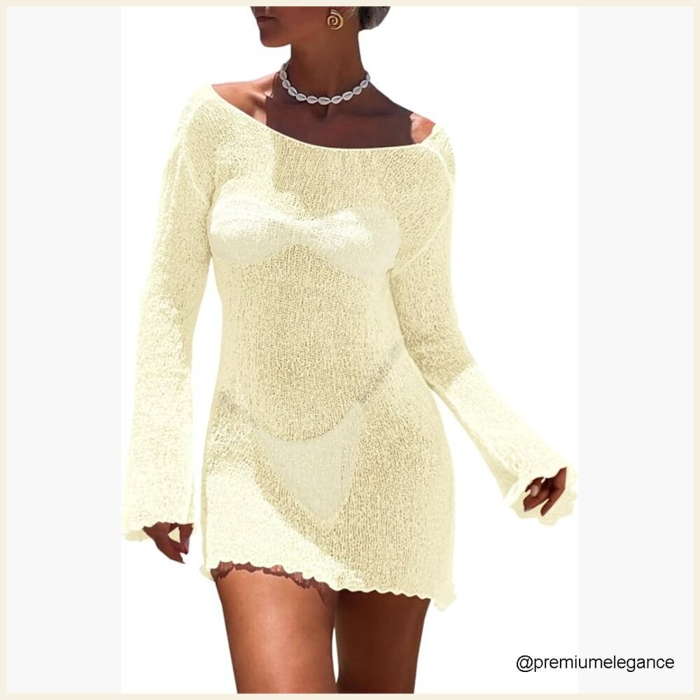 Long Sleeve Sheer Mesh Mini Dress Cover Up Backless Tie Beach